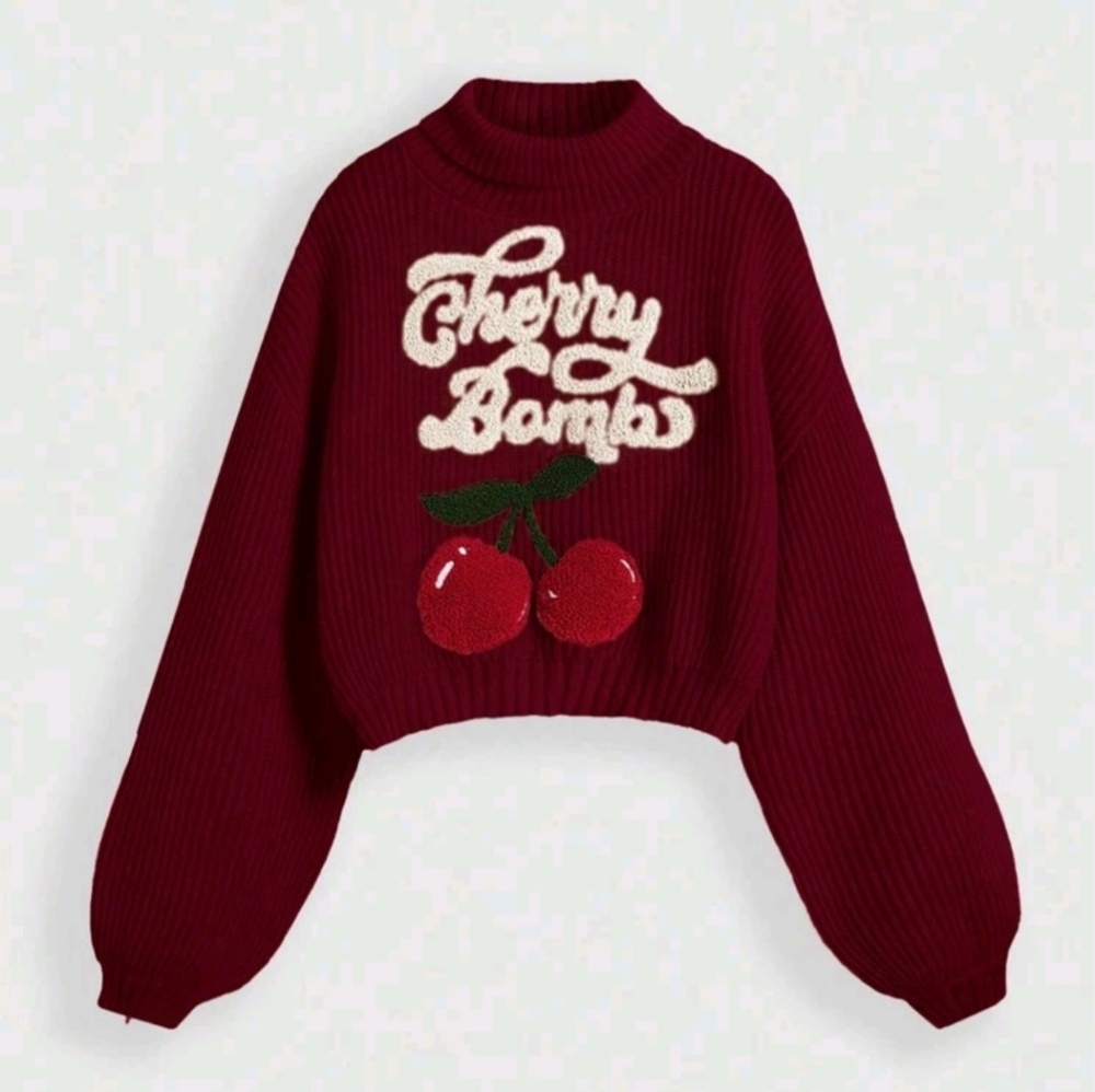 🍒Romwe Shein High Neck Cherry EmbroideryLantern Sleeve Pullover CropSweater🍒